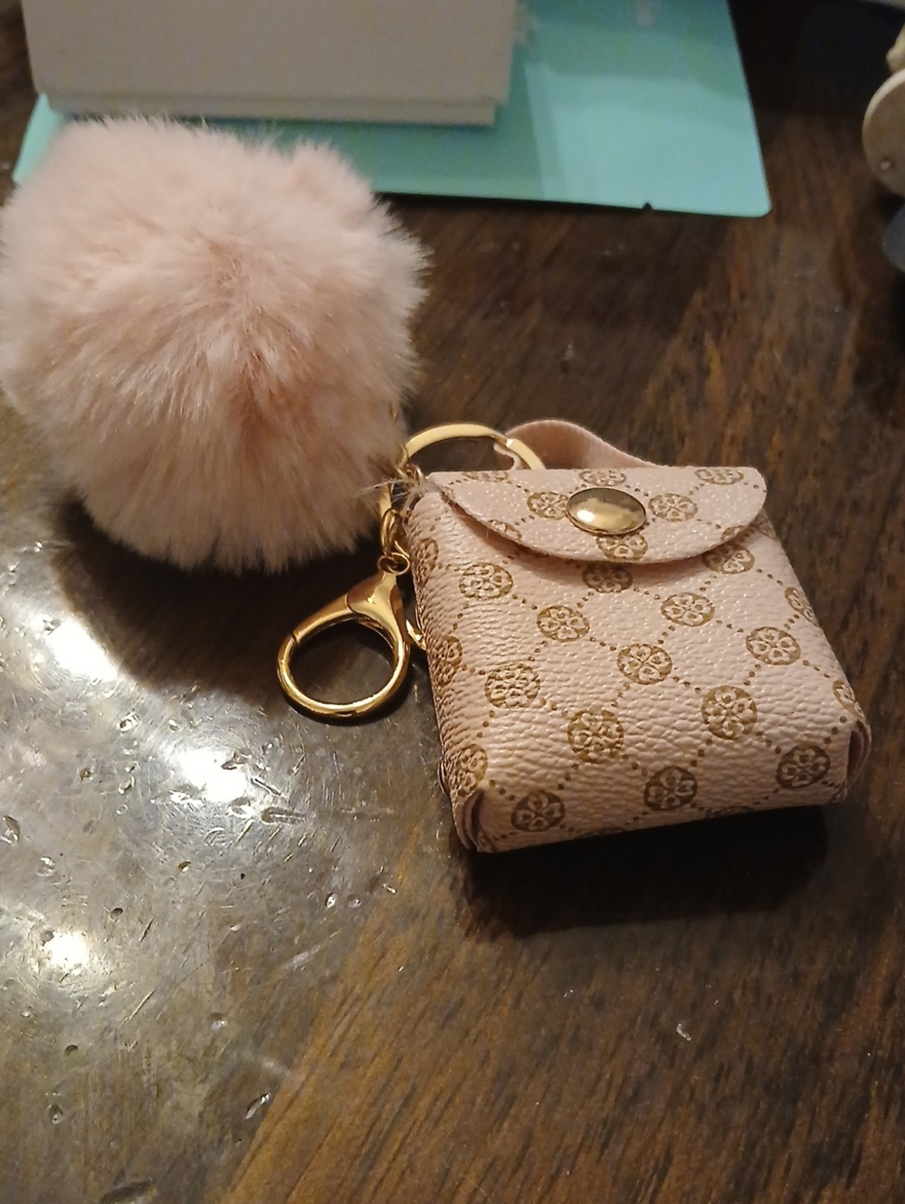 Pink Faux Fur Pom-Pom Keychain with Quilted Pink Pouch